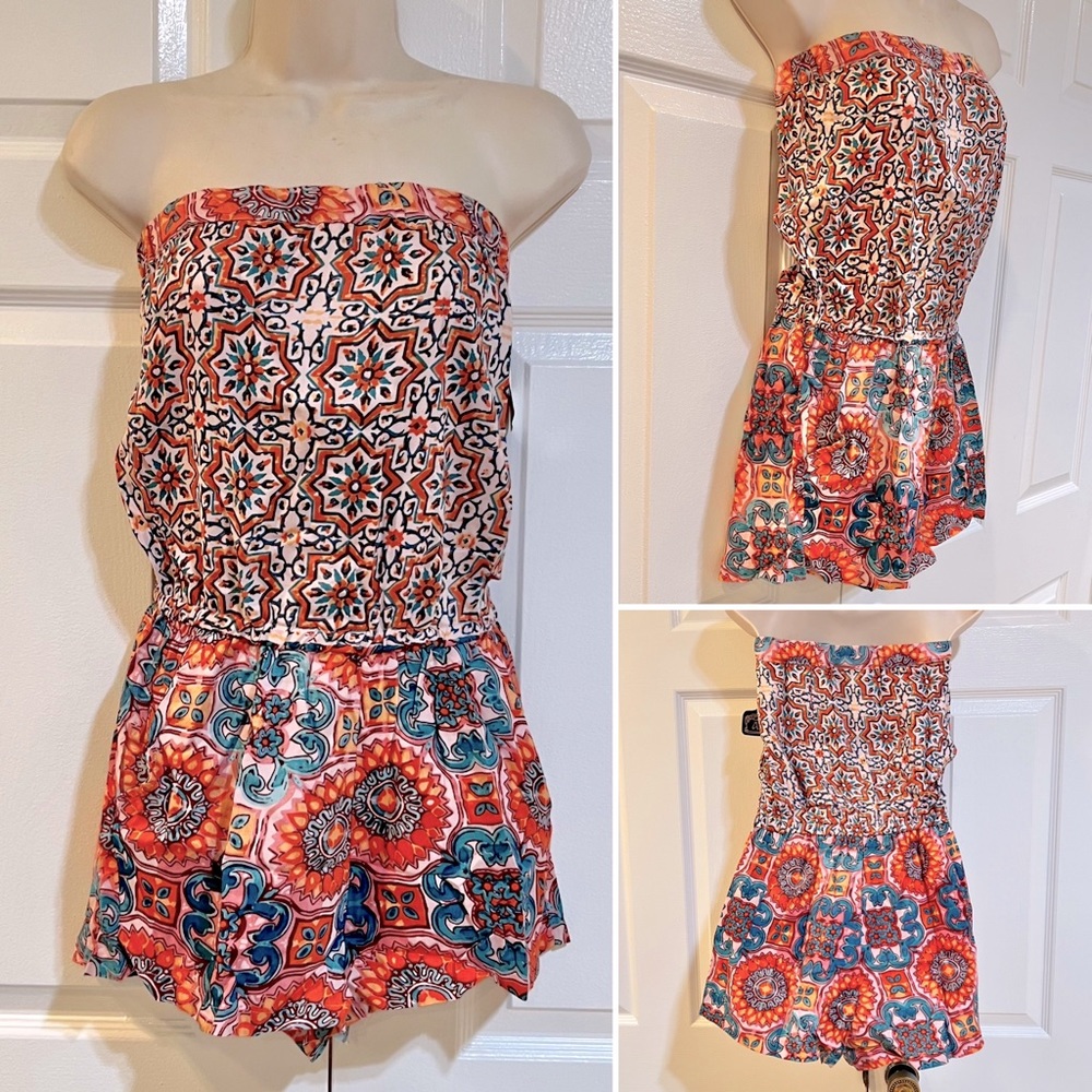 ANGIE-Batik Print Strapless Bohemian Romper w/ Pockets-Sz M